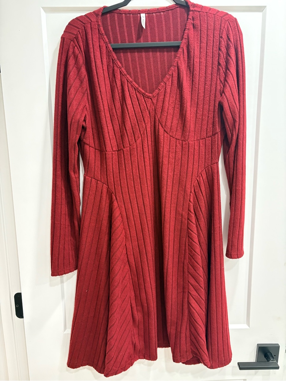 HALARA Red Ribbed Long-Sleeve Fit-and-Flare Dress